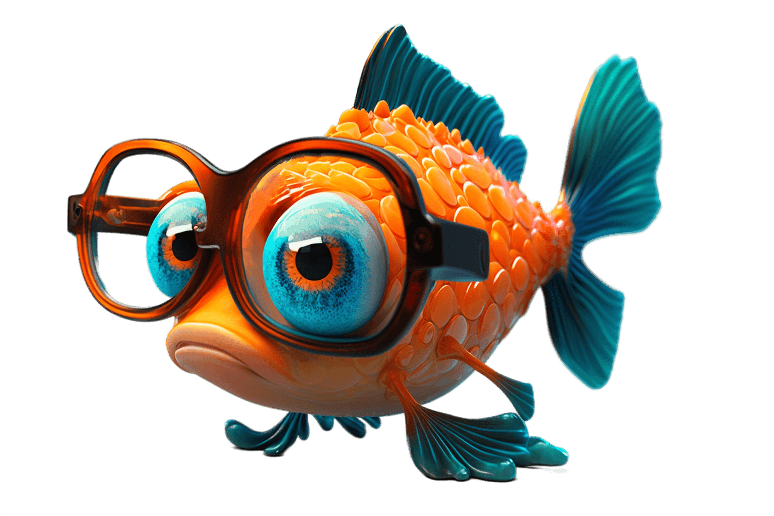 A nerdy fish, smiling, wearing glasses